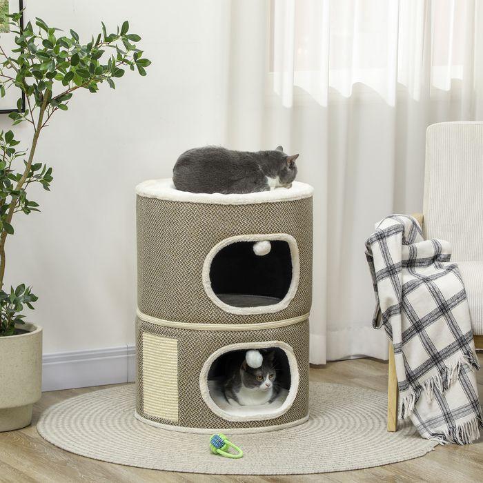 Produktbild Swisshandel24 Kratztonne, 69 cm hoch Katzentonne mit 2 Höhle, Kratzbaum für Katze bis 6 kg (69 cm, Kaffeebraun+Cremeweiss)