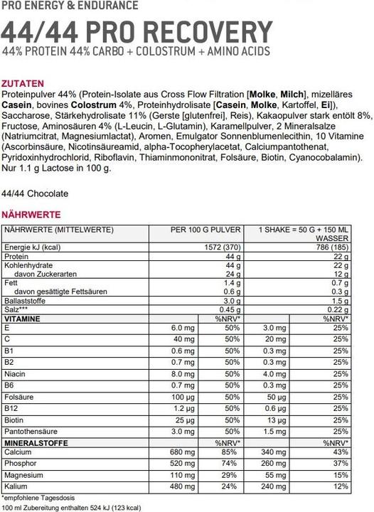 Nährwerte und Zutaten Sponser Pro Recovery 44/44 (Schokolade, 1 Stk., 800 g)