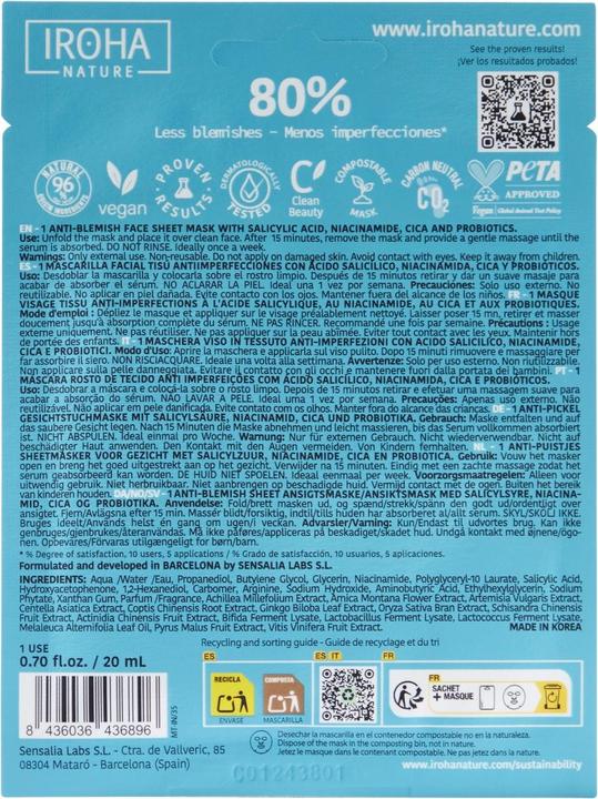 Valeurs nutritives et ingrédients Iroha Nature Anti-Blemish - Masque pour le visage à l'acide salicylique, niacinamide, Cica + probiotiques