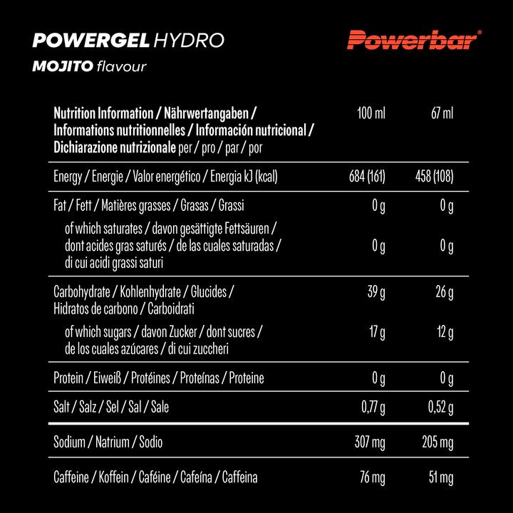 Nährwerte und Zutaten Powerbar PowerGel Hydro (Mojito, Koffein, 24 Stk., 1850 g)