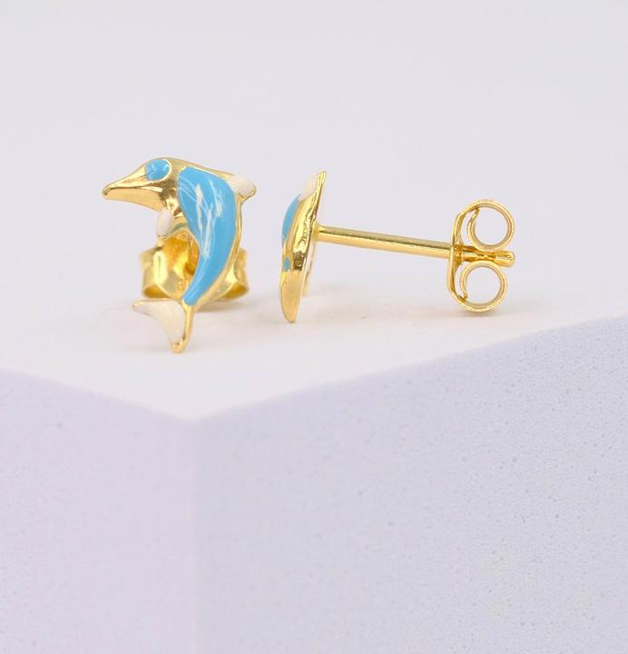 Actual product image Muau Stud earrings Dolphins yellow gold 750 light blue/white 11mm (750/18K yellow gold)