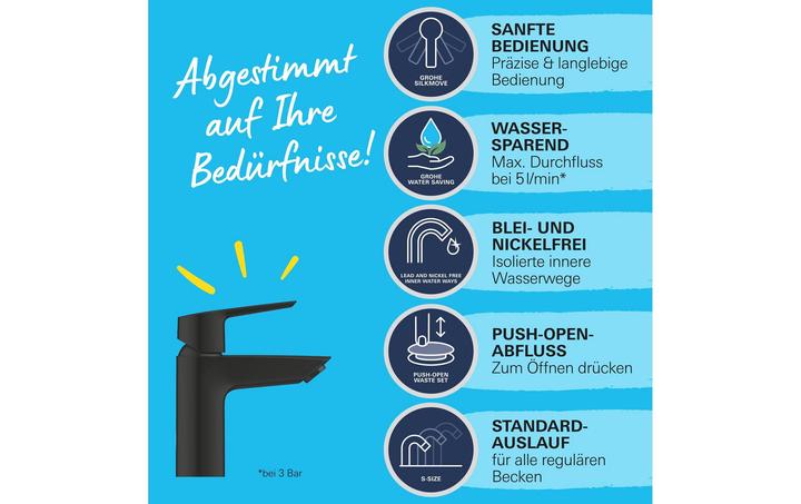 Produktbild Grohe Start QuickFix Lavaboarmatur, S-Size, Push-Open, energiesparend, mattschwarz