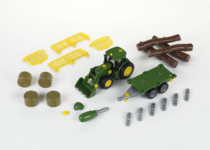 Actual product image Theo Klein John Deere tractor with timber and hay wagon