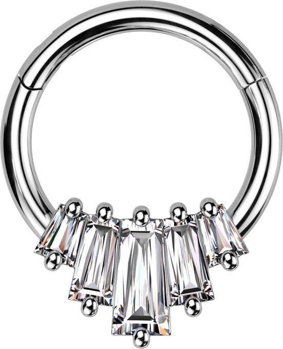 Star Piercing Micro Segmentring klappbar silber fünf Kristalle Baguette (Messing, Chirurgenstahl 316L)