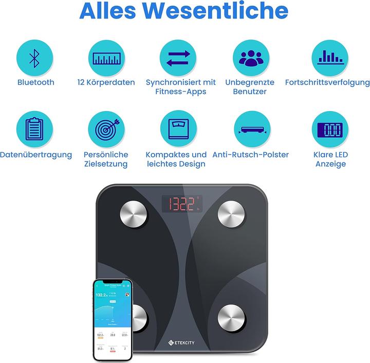 Immagine prodotto Etekcity Digitale Körperfettwaage mit Bluetooth und App-Unterstützung (180 kg)