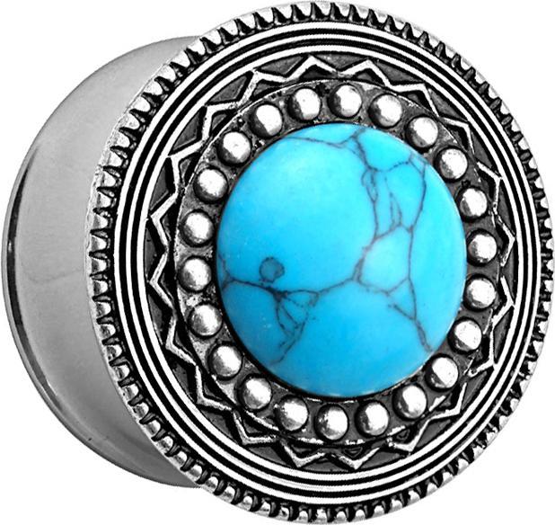 Produktbild Star Piercing Flared Plug mit Tribal Schild und türkis Stein (Messing, Chirurgenstahl 316L)