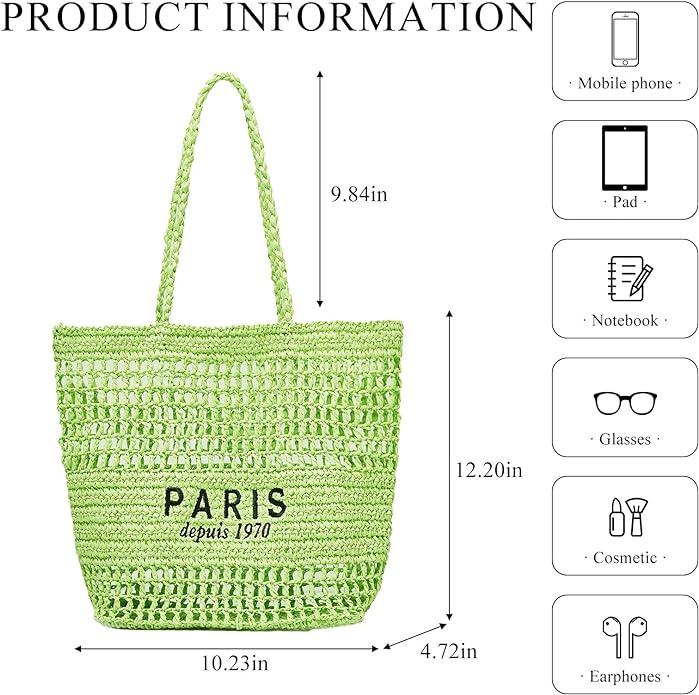 Image du produit Only-Bags.Store Sac à provisions en paille tressée, sac à bandoulière en broderie à la mode, sac de plage