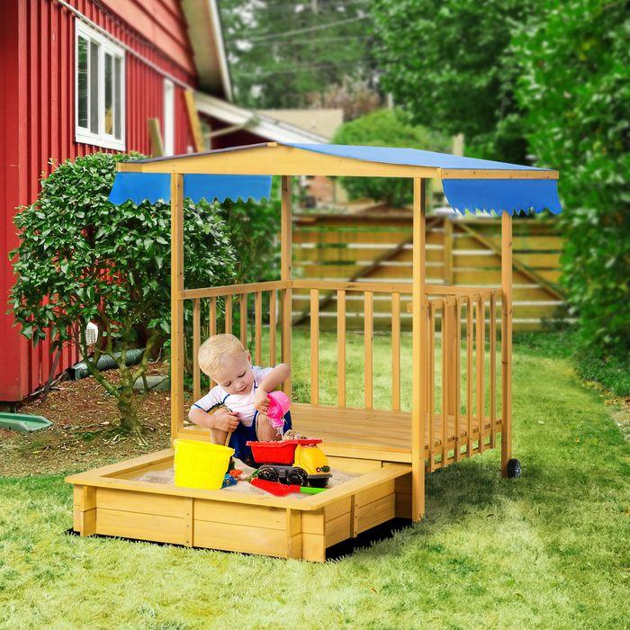 Actual product image Swisshandel24 Sandpit with roof, wooden sandpit with playhouse, 133 x 129 x 137.5 cm Sandbox with wheels for 3