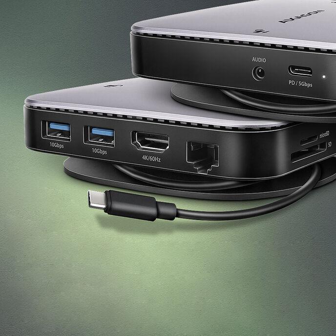 Actual product image Axagon HMC-UFO USB-C hub, M.2 SATA/NVMe, 1 Gbit/s Ethernet, 384 kHz audio - black/silver (USB-C, 3 Ports)