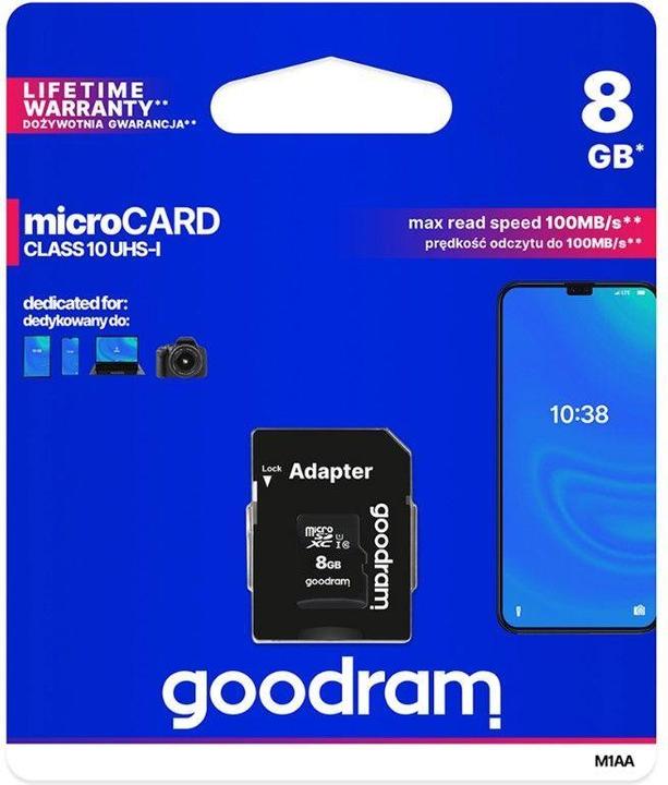 Image du produit Goodram Micro SDHC 8GB (8 Go, microSDHC, U3, UHS-I)