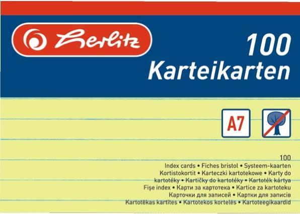 Image du produit Herlitz Fiches, DIN A7, lignées, jaunes en papier, 170 g-qm, sans bois, couleur de la ligne : bleu, double (A7, 170 g/m², 100 x)