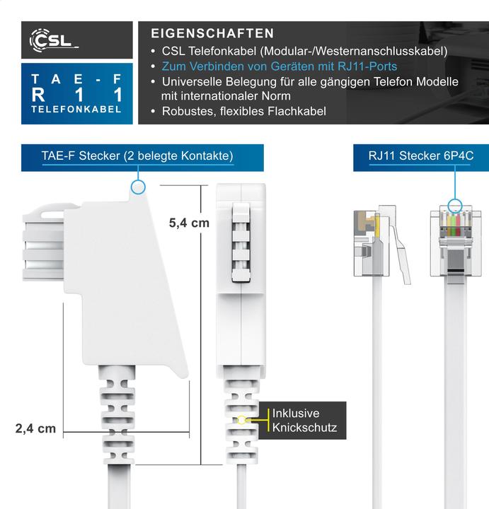 Immagine prodotto CSL Cavo telefonico piatto, spina TAE-F a RJ11, presa telefonica a telefono, cavo piatto, fax