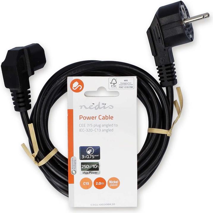 Actual product image Nedis Power cable | Earthing contact plug | IEC-320-C13 | Angled | Nickel-plated | 2.0 (2 m)