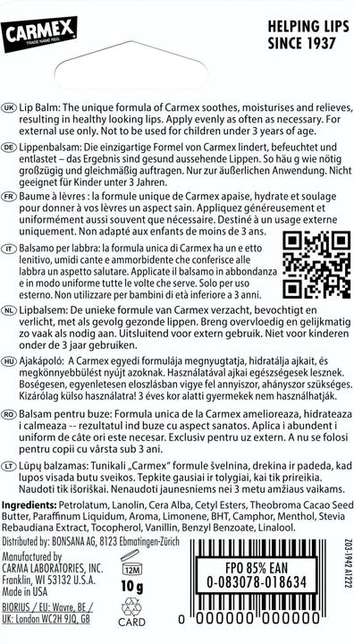 Nährwerte und Zutaten Carmex Peach Mango Tube (Balsam)