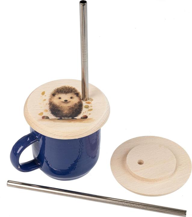 Produktbild La Mia! Trinkglasabdeckung Buchen Holz mit Edelstahl- Strohhalm - mit buntem Tiermotiven (Glasabdeckung)