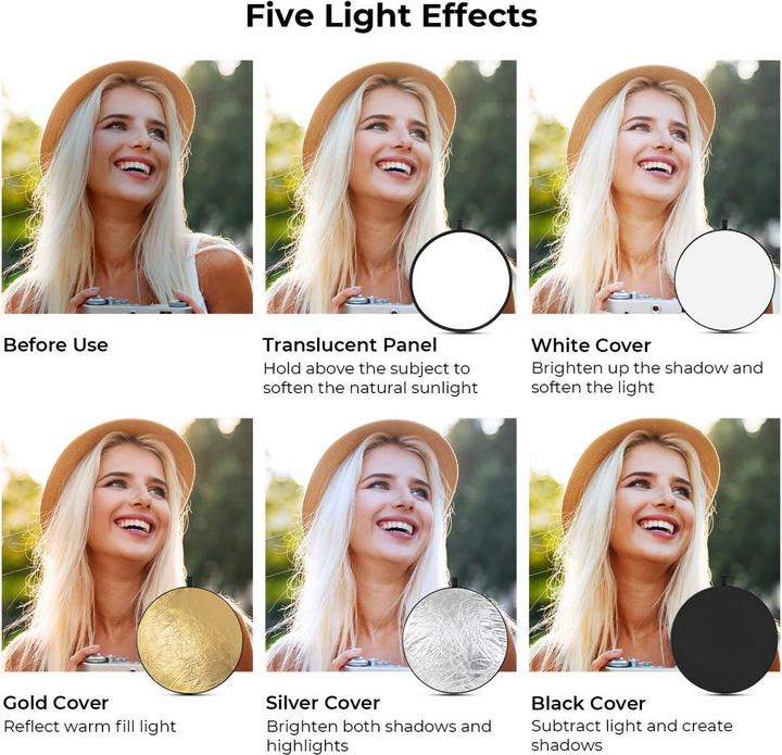 Actual product image K&F Concept 5 in 1 Circular Photography Reflector 80cm Gold Sliver Black White Translucent Panel Five Ligth Effe