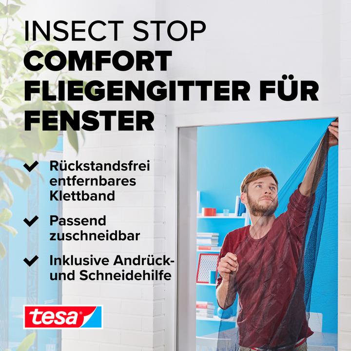 Produktbild tesa Insektenschutz COMFORT für Fenster, mit Klettband, selbstklebend, ohne Bohren (170 x 180 cm)