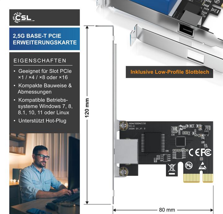 Immagine prodotto CSL Scheda di rete PCIe 2.5G Base-T, 2500/1000/100 Mbit/s, adattatore Ethernet PCI-Express per Win e (PCI)