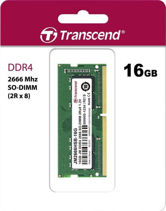 Produktbild Transcend 16GB JM DDR4 2666MHZ (1 x 16GB, 2666 MHz, DDR4-RAM, SO-DIMM)