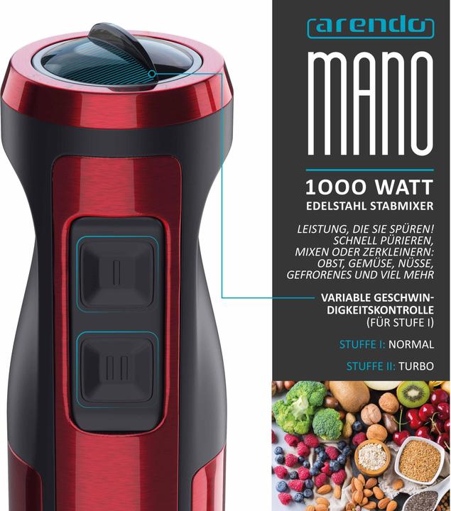 Actual product image Arendo Hand blender 1000W, stainless steel hand blender in red, hand blender with beaker, stepless