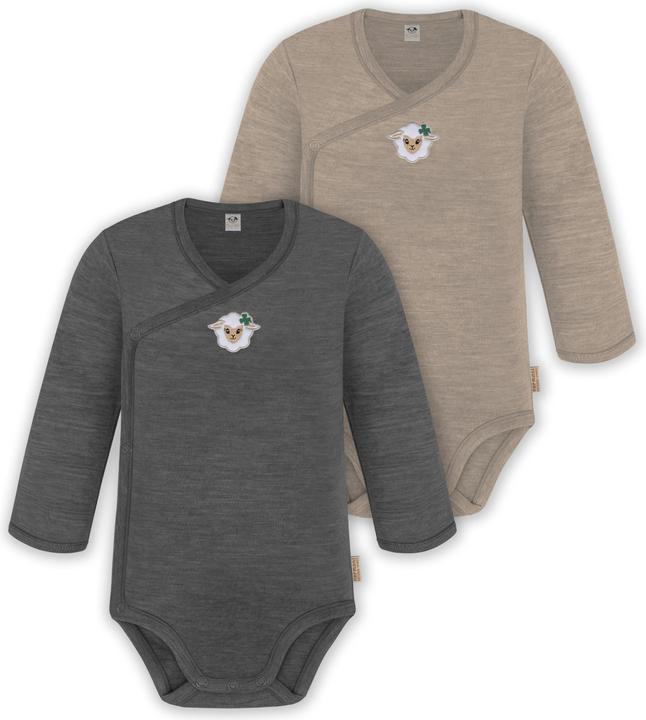 Normani 2er Set Unisex Baby Wickelbody Langarm-Strampler Einteiler aus Merinowolle - 9351