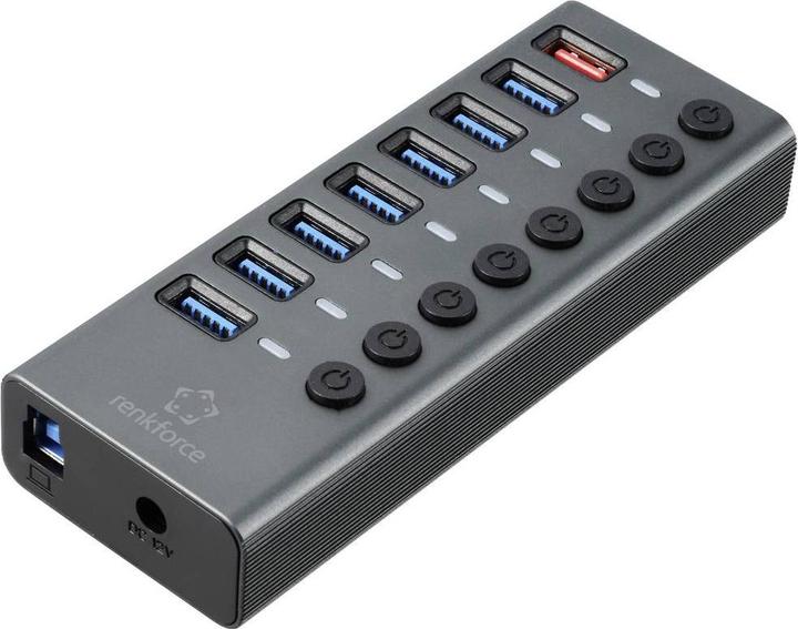 Actual product image Renkforce RF-HUB-380 8 Port USB 3.2 Gen 1 Switch + Hub (USB 3.0) with Aluminium Housing Silver-Sc (USB-A, 8 Ports)