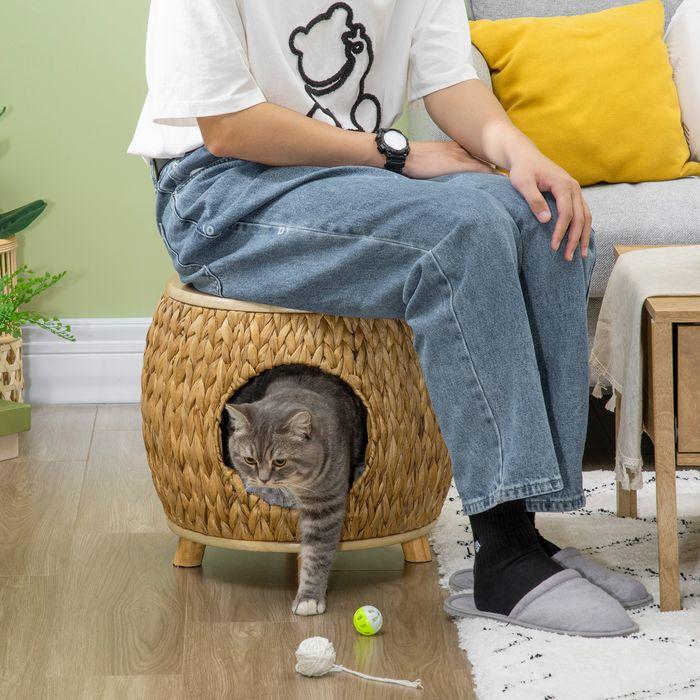 Produktbild Swisshandel24 Katzenhöhle aus Rattan 2-in-1 Design Katzenkorb mit Kissen Haustierbett Wasserhyazinthengras Paulown (Katze)