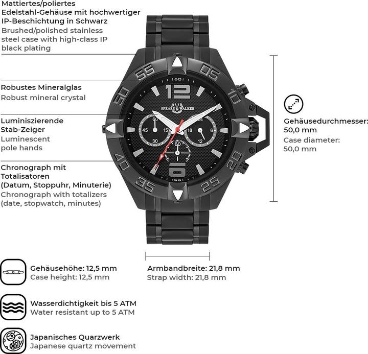 Produktbild Spears & Walker Herren Quarzuhr Varus II Edelstahl schwarz - 23242 (Chronograph, 50 mm)