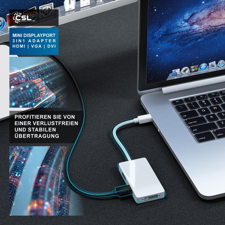 Image du produit CSL Câble adaptateur mini DisplayPort vers HDMI + DVI + VGA (HDMI, DVI, VGA, 8.50 cm)