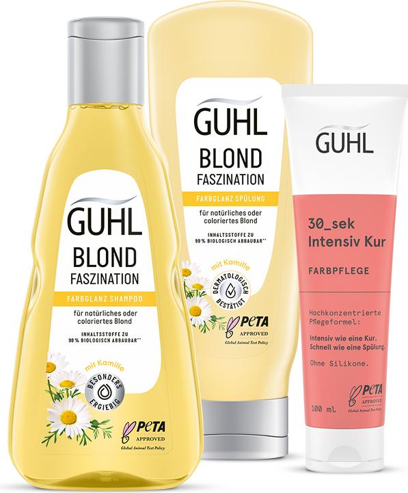Produktbild Guhl Blond Vorteils-Set - Inhalt: Shampoo, Spülung & Kur - 550 ml - Haartyp: blond, blondiert, fein (550 ml, Flüssiges Shampoo)