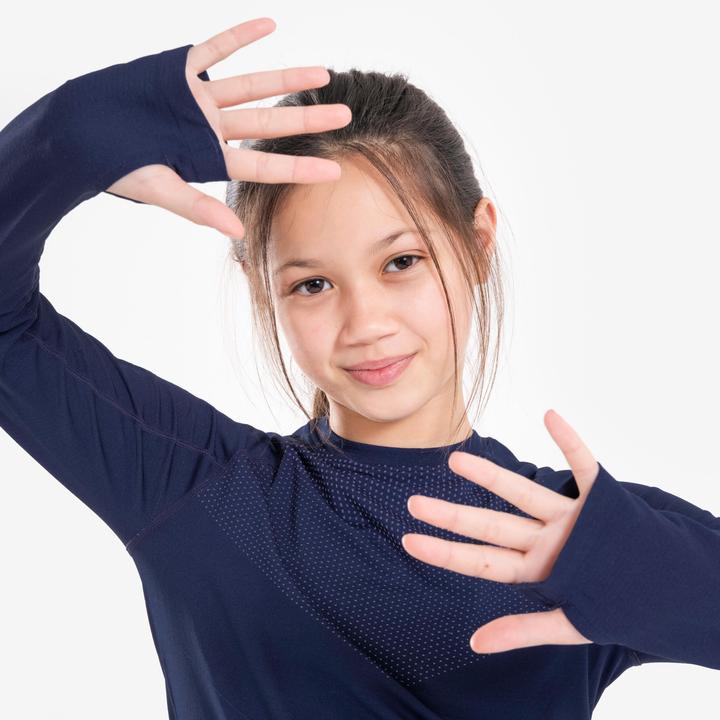 Actual product image Kiprun Kids' long-sleeved running shirt, breathable - Skincare dark blue/grey (128)