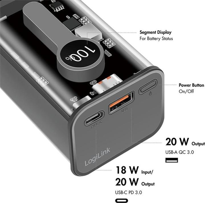 Actual product image LogiLink Powerbank 10000 mAh, 1x USB-A, 1x USB-C, with display, PD & QC, transp. (10000 mAh, 20 W, 37 Wh)