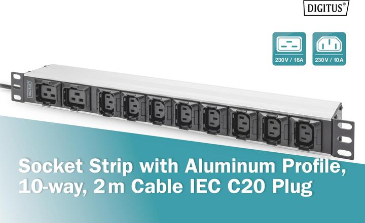 Produktbild Digitus Steckdosenleiste mit Aluminiumprofil, 10-fach, 2 m Zuleitung, IEC C20 Stecker