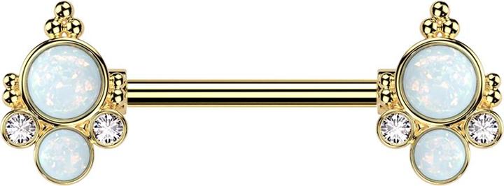 Star Piercing Barbell vergoldet mit zwei zwei Opale weiss zwei Kristalle silber (Messing, Chirurgenstahl 316L)
