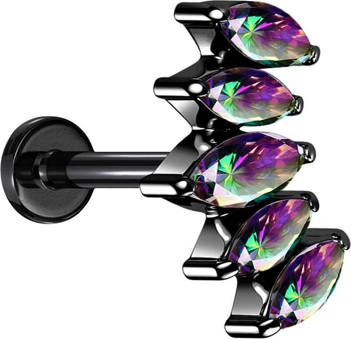Star Piercing Micro Labret Innengewinde schwarz Fächer mit Kristalle dunkel multicolor (Chirurgenstahl 316L, Organisch)