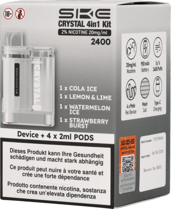 SKE Crystal 4in1 Kit, 2 % nicotine 20 mg/ml 2400 (Device + 4 x 2 ml PODs) (Cola)