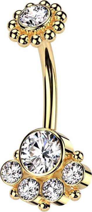 Hollywood Body Jewelry Banane Innengewinde vergoldet mit Kugelblume vergoldet Kristall silber und grosser vier kleine Krist (Chirurgenstahl 316L)
