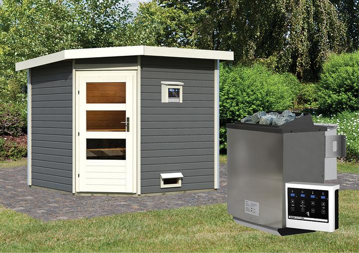Actual product image Karibu Sauna house Heikki corner entry (9 KW Bio external control)