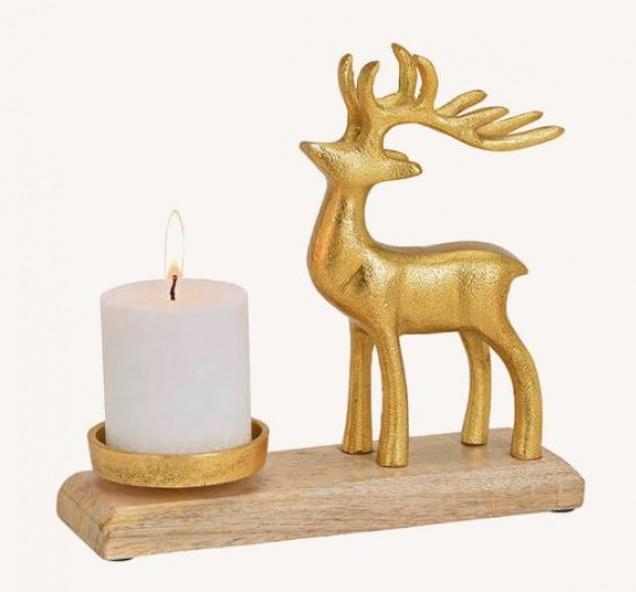 Image du produit CreaDiva Bougeoir Cerf en métal sur socle en bois de manguier (22 x 22 x 8 cm)