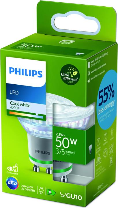 Productafbeelding Philips Klassieke ultra-efficiënte LED lamp met energie-efficiëntieklasse A, vervangt 50W, GU10 voet, ka (GU10, 2.10 W, 375 lm, 1 x, B)