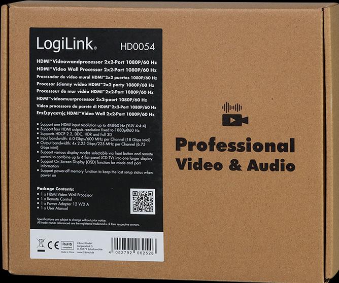 Produktbild LogiLink HDMI-Videowand-Prozessor, 2x2-Port, 4K/60 Hz, HDR, RC