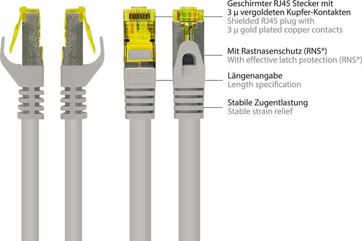 Image du produit Good Connections Câble patch RJ45 avec câble brut Cat.7 et protection de nez de verrouillage (RNS®), S/FTP, PiMF (S/FTP, CAT7, 0.25 m)