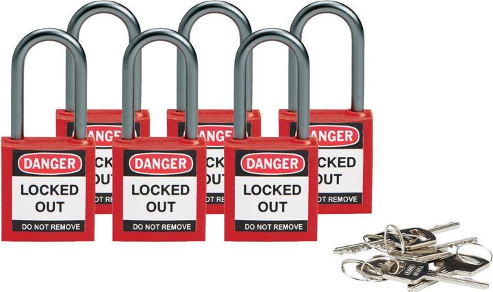 Brady Lucchetto di sicurezza compatto in nylon, rosso, altezza grillo 38 mm, grillo in alluminio 4,7 mm