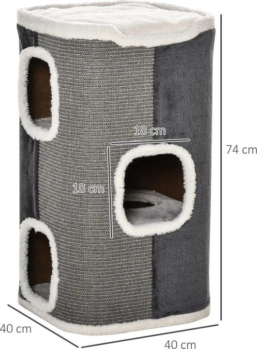 Actual product image PawHut Scratching barrel for cats 3 levels chipboard velvety grey+white 40x40x74cm (74 cm, Grey)