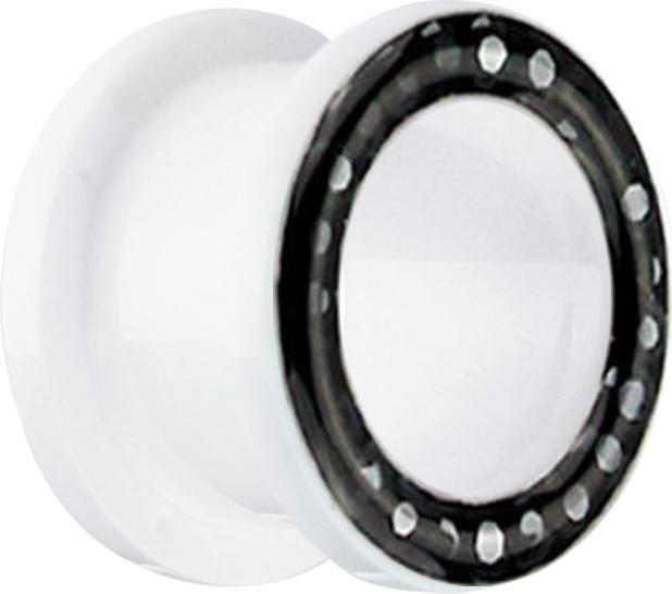Star Piercing Flesh Tunnel weiss mit Kristall schwarz und Epoxy Schutzschicht (ohne Messing, Acryl)