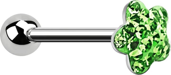 Produktbild Star Piercing Barbell silber mit Kugel und Scheibe Blume hellgrün Epoxy Schutzschicht (ohne Messing, Chirurgenstahl 316L)