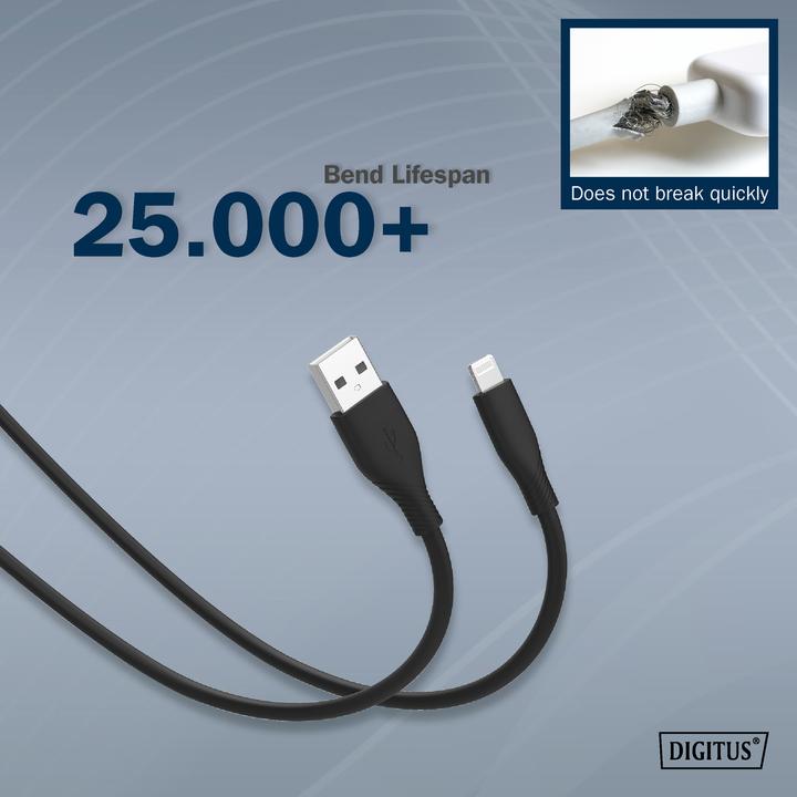 Immagine prodotto Digitus Cavo di collegamento in silicone Lightning, USB-A - Lightning 0,5 m, nero (0.50 m, USB 2.0)
