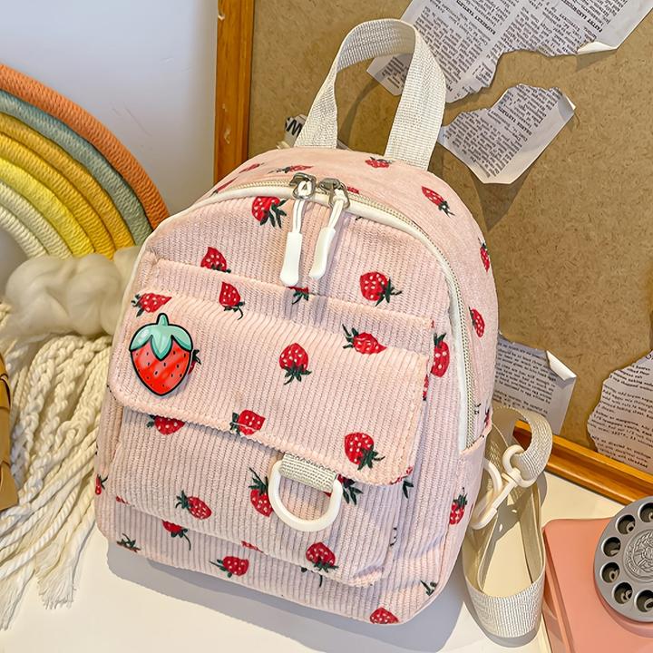 Image du produit Only-Bags.Store Niedliche Erdbeere Druck Samt Mini Rucksack, leichtes Polyester mit verstellbaren Riemen