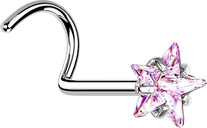Produktbild Star Piercing Nasenstecker gebogen silber Kristallstern pink gefasst (Chirurgenstahl 316L, ohne Messing)