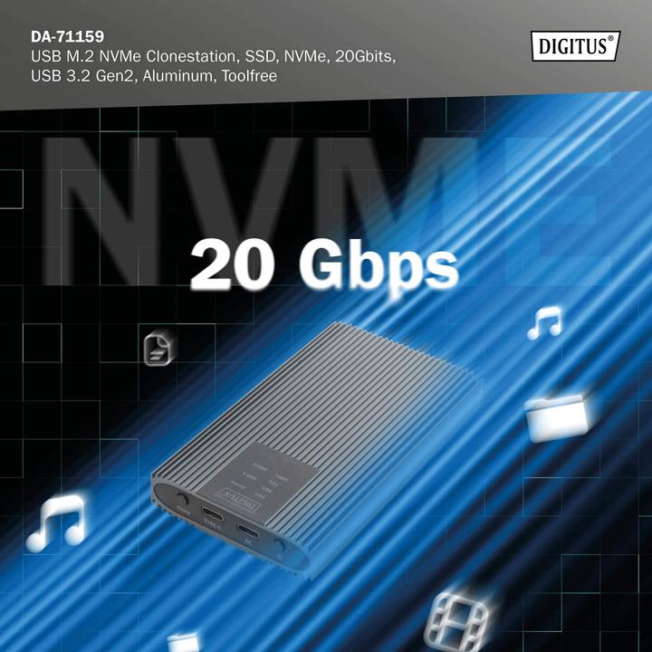 Image du produit Digitus Station de clonage USB M.2 NVMe, SSD, NVMe, 20Gbits, USB 3.2 Gen2, aluminium, toolfree (M.2 2280, M.2 2260, M.2 2242, M.2 2230)